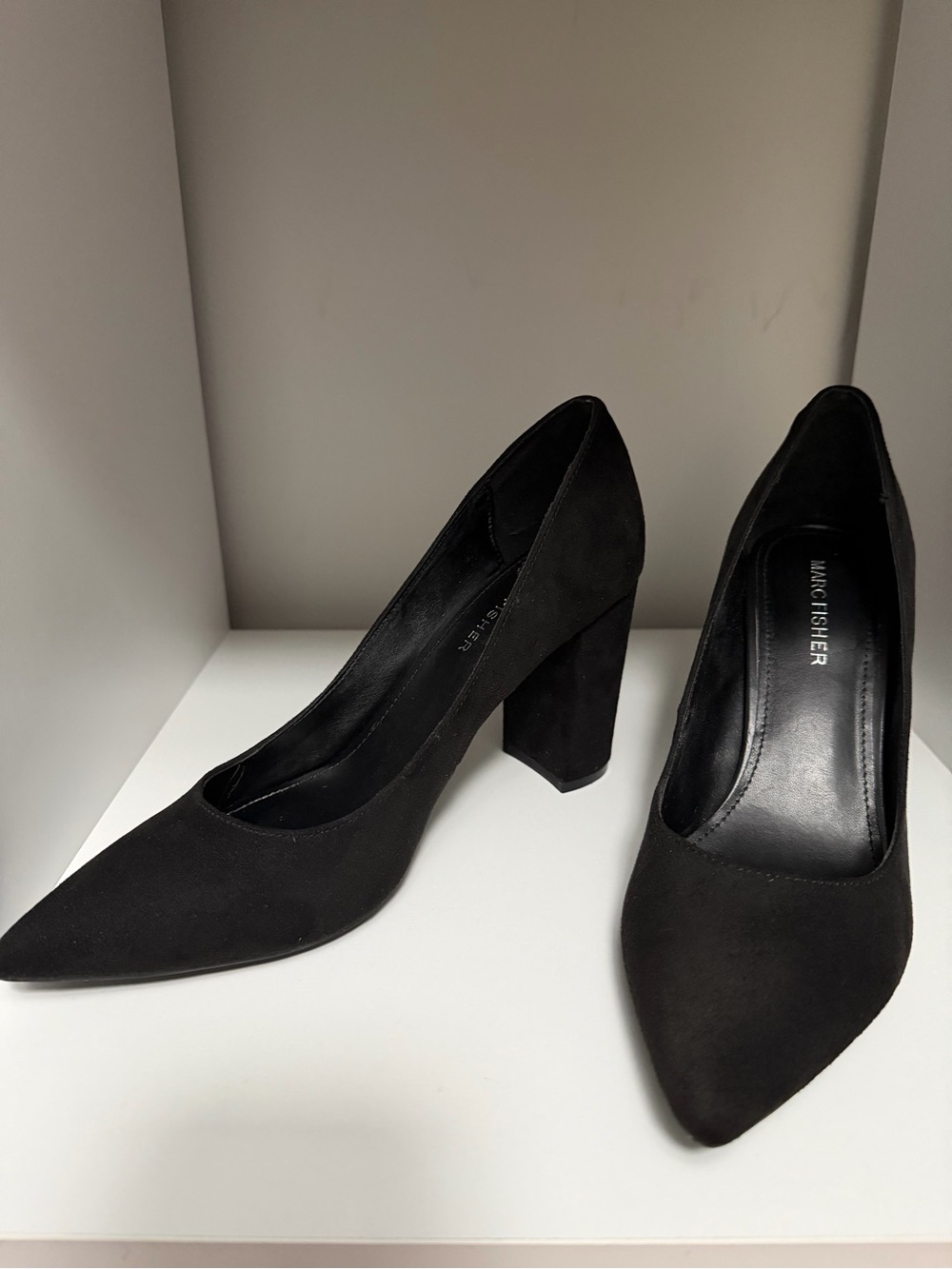 Marc Fisher Black Suede Pointed Block Heel Pumps